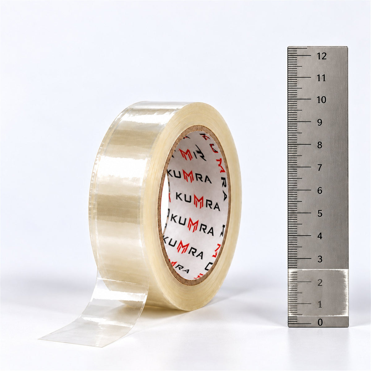 KUMRA Clear Packing Tape 24mm x 66m - close-up with ruler for size