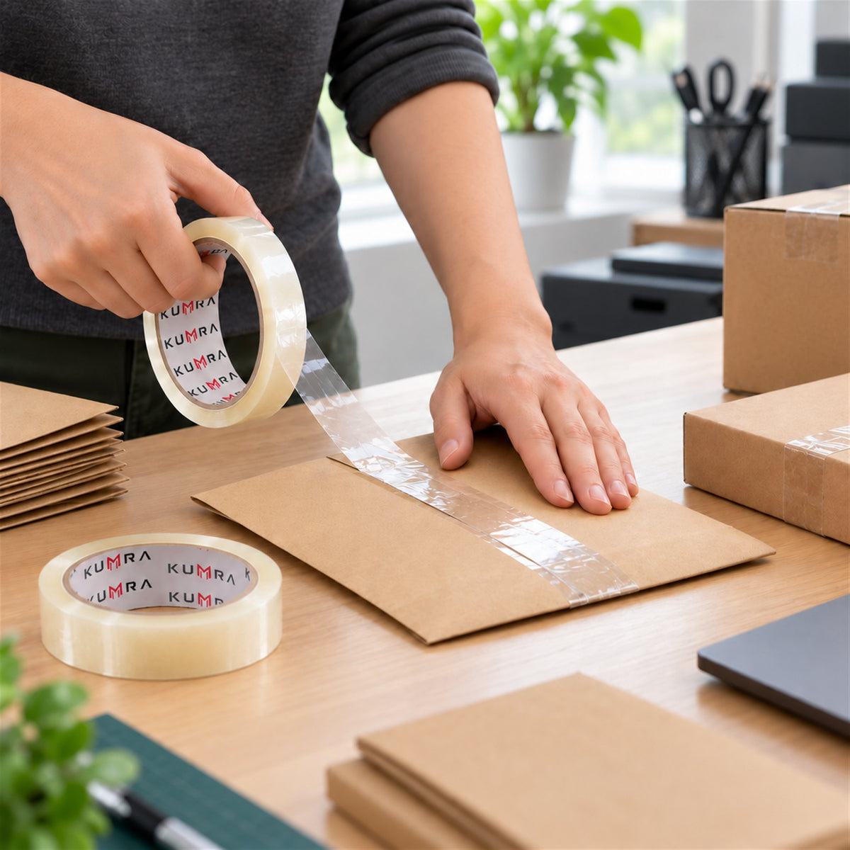 KUMRA Clear Packing Tape 24mm x 66m - in use sealing a box