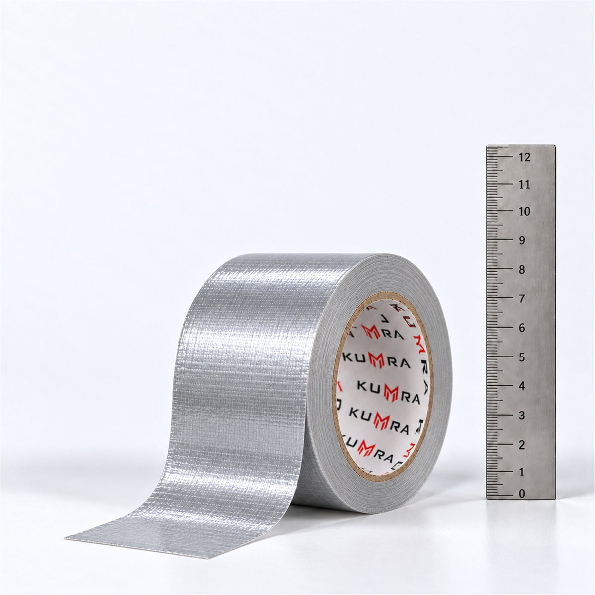 KUMRA Silver Cloth Duct Tape 48mm x 25m - close-up with ruler for size