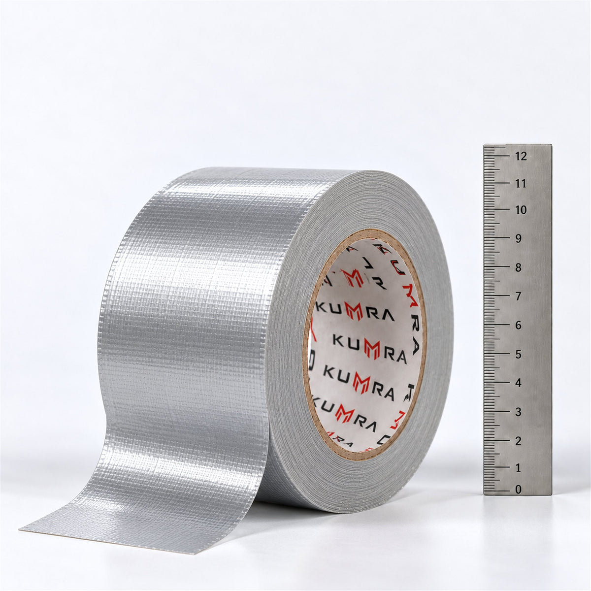 KUMRA Silver Cloth Duct Tape 48mm x 45m - close-up with ruler for size