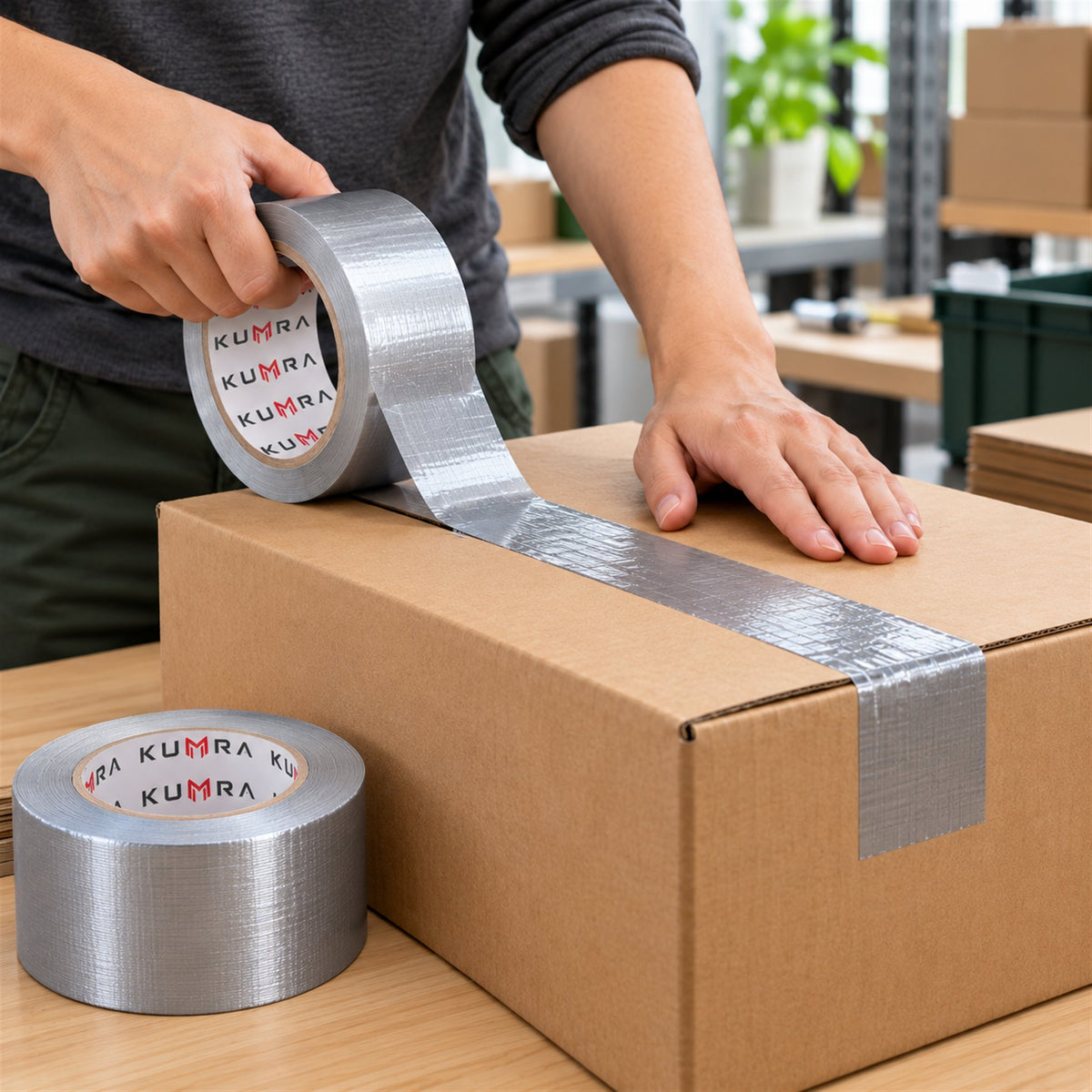 KUMRA Silver Cloth Duct Tape 48mm x 45m - in use sealing a box