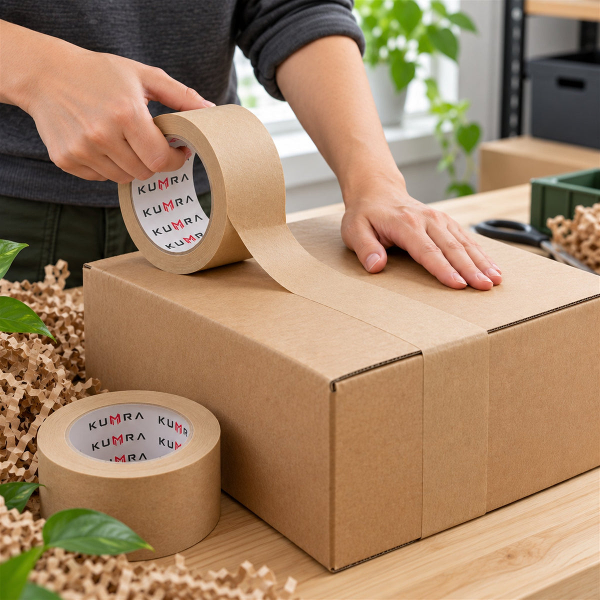 KUMRA Kraft Paper Tape 48mm x 50m - in use sealing a box