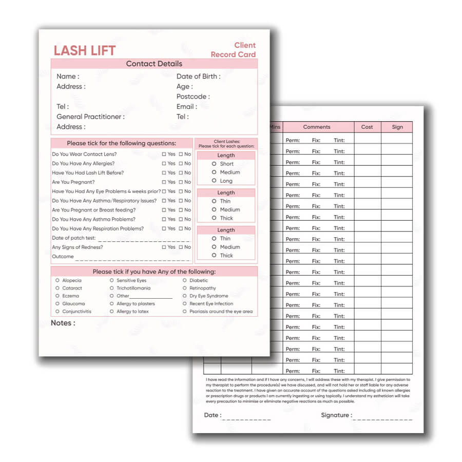 Lash Lift Client Record Card