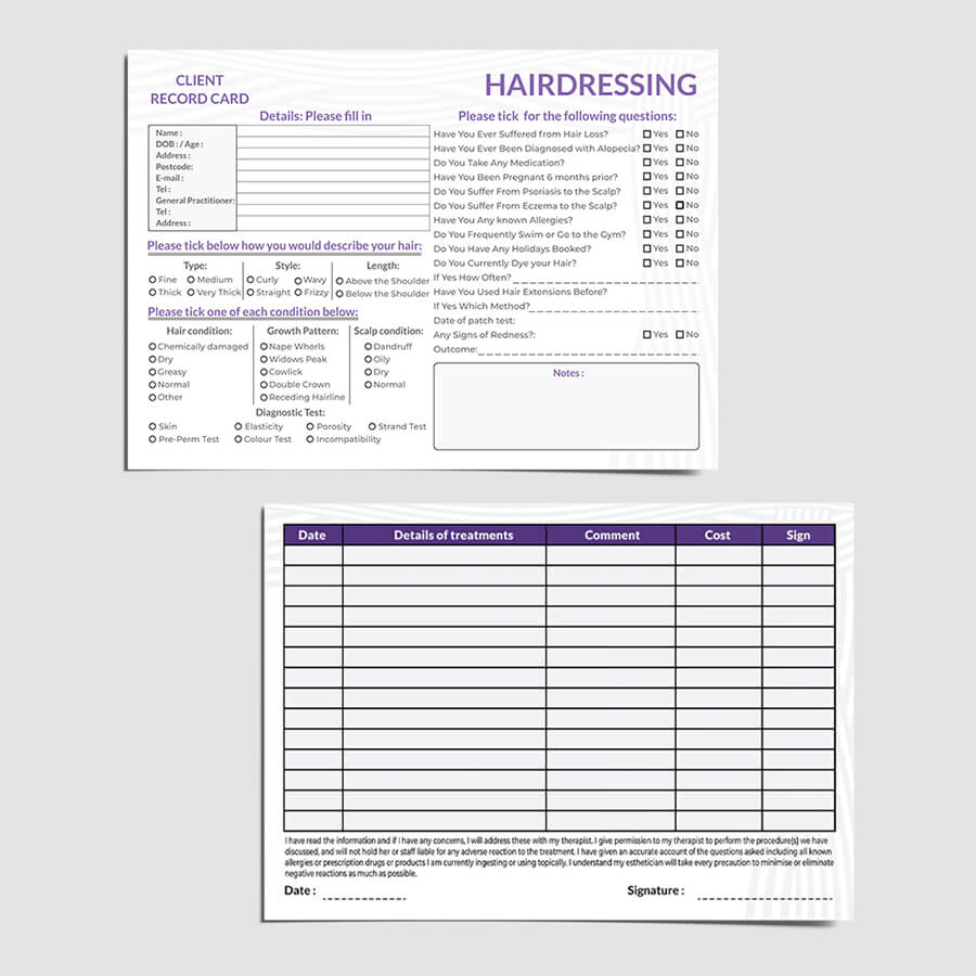 Hairdressing Client Record Card